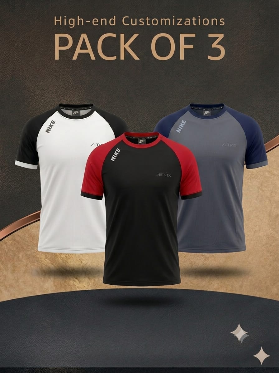 Pack of 3 Premium Dry-Fit T-Shirts — White + Red + Grey