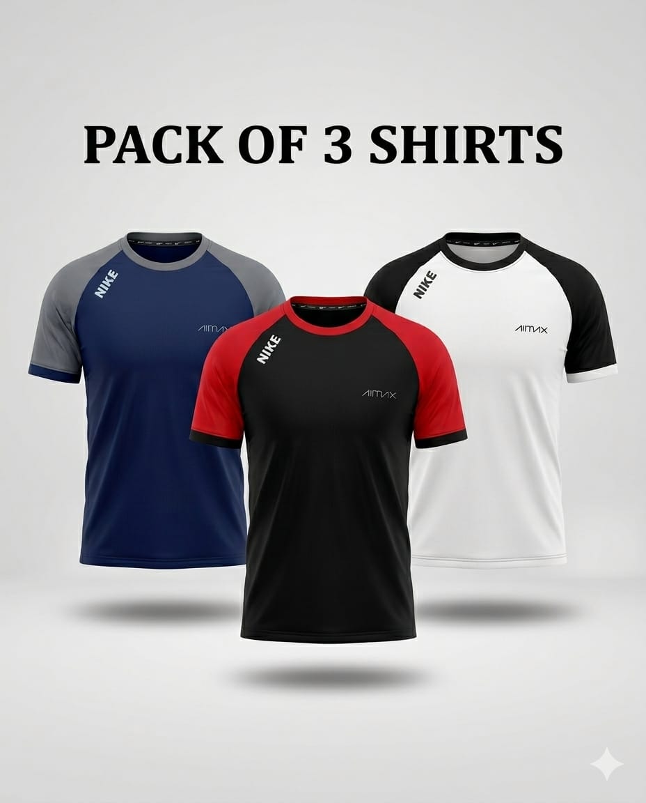 Pack of 3 Premium Dry-Fit T-Shirts — Blue + Red + White