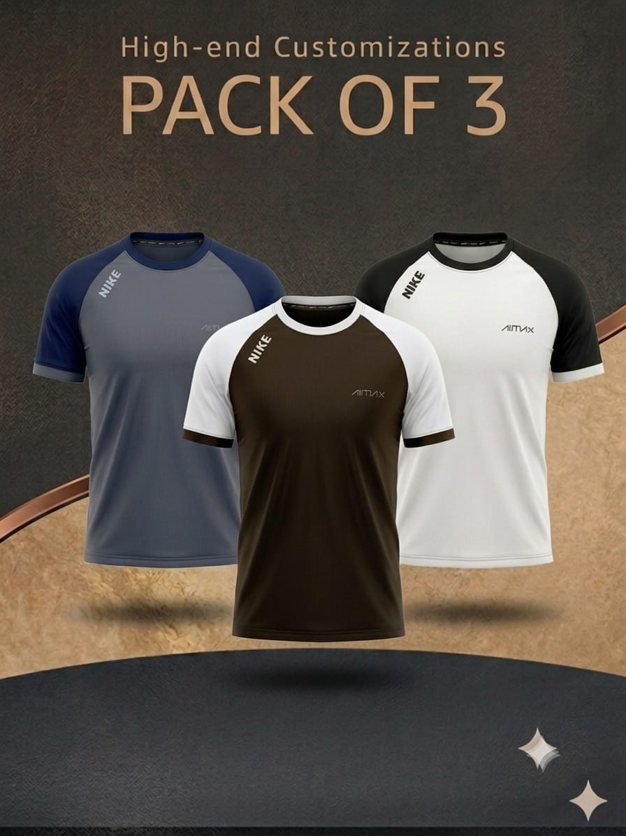 Pack of 3 Premium Dry-Fit T-Shirts — Grey + Brown + White