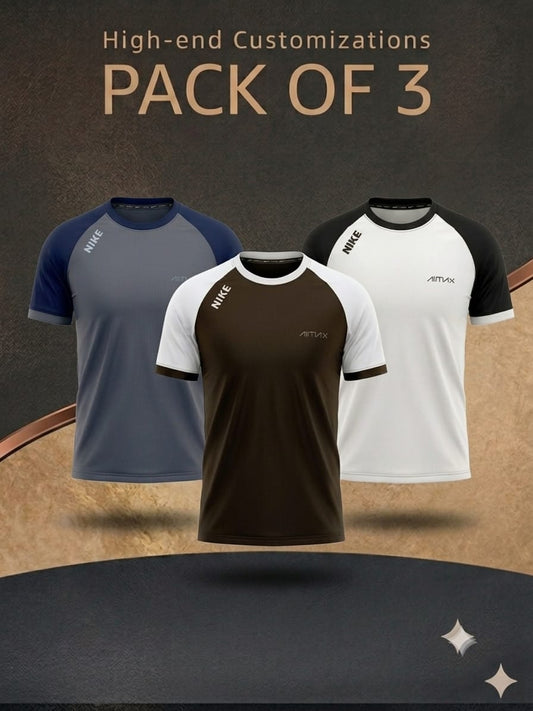 Pack of 3 Premium Dry-Fit T-Shirts — Grey + Brown + White